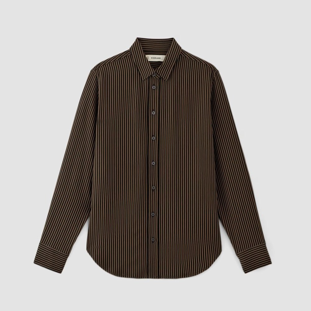 Everlane City Stripe Button-Up Shirt in Black & Brown, Size 6